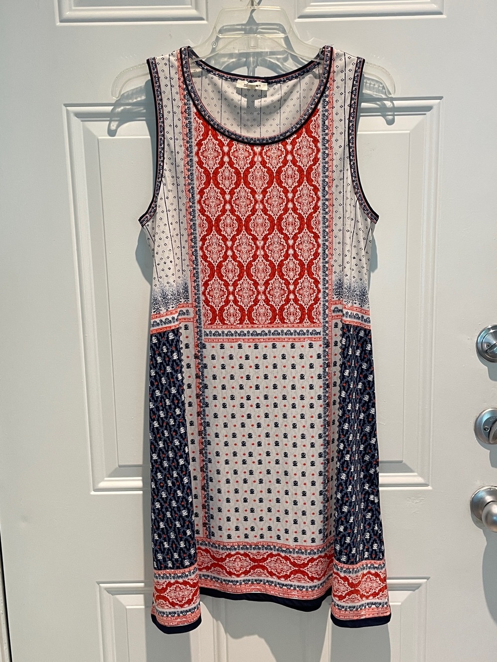 Max Studio Boho Red White Blue Patch Print Sleeveless Swing Dress Size Medium